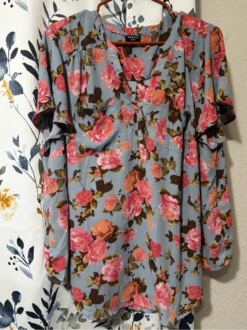 torrid Blue Floral Split-Neck Tunic with Pink Rose Print